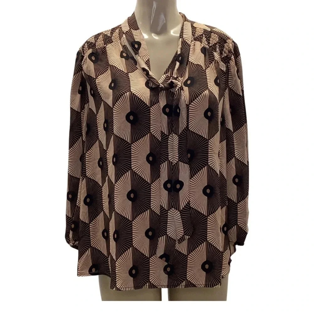 By Design Plus Size Tie Neck Smocked Shoulder Top. New With Tags